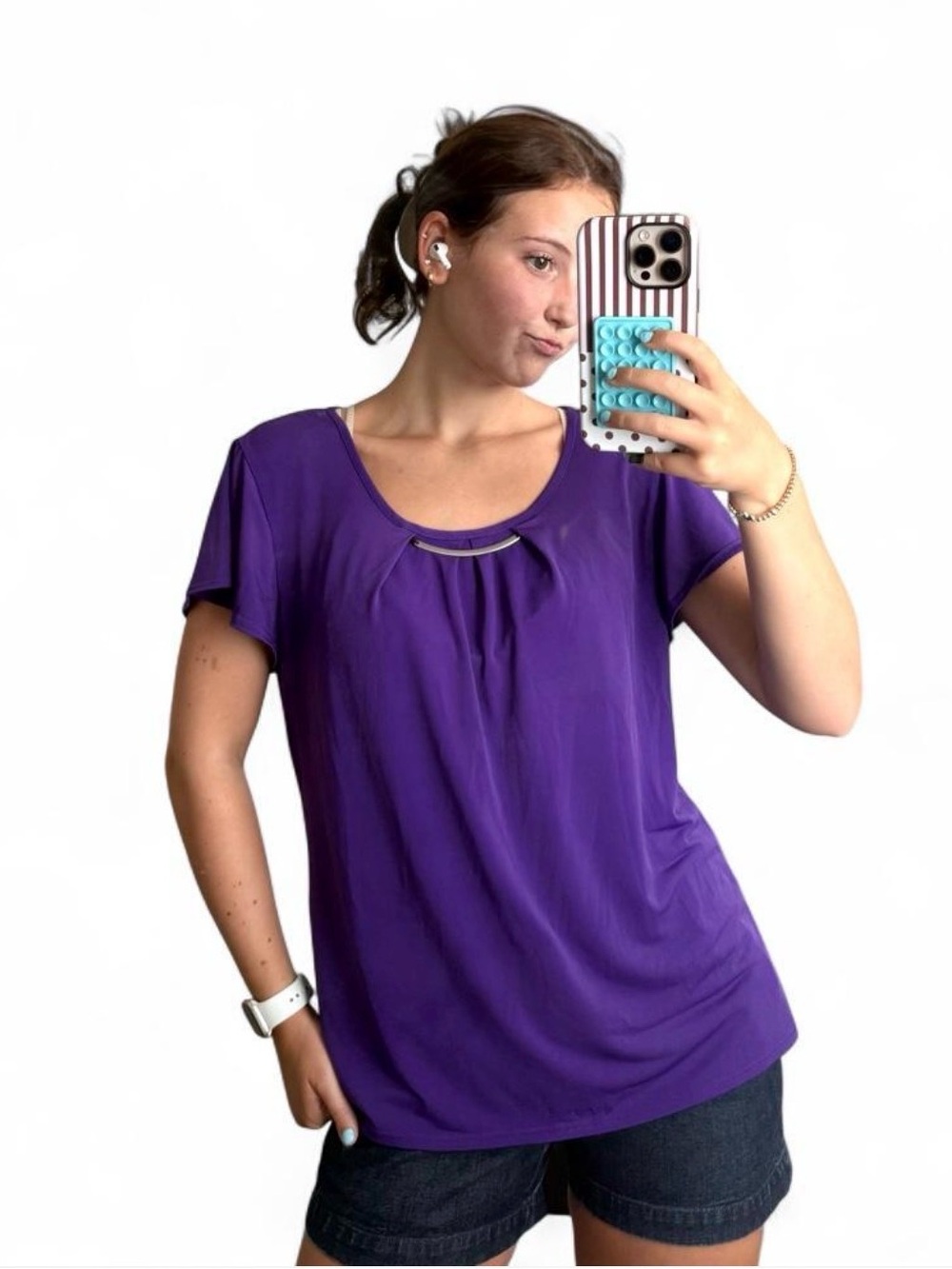 Notations Women’s Y2K Vintage Short Sleeve Scoop Neck Top with Metal Bar Accent